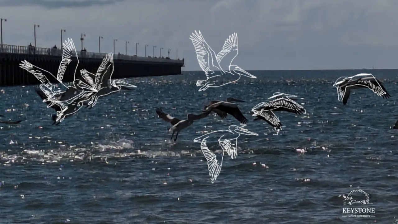 Pelicans flying over a pier at dusk, with illustrated outlines overlaid, Keystone Impact Solutions