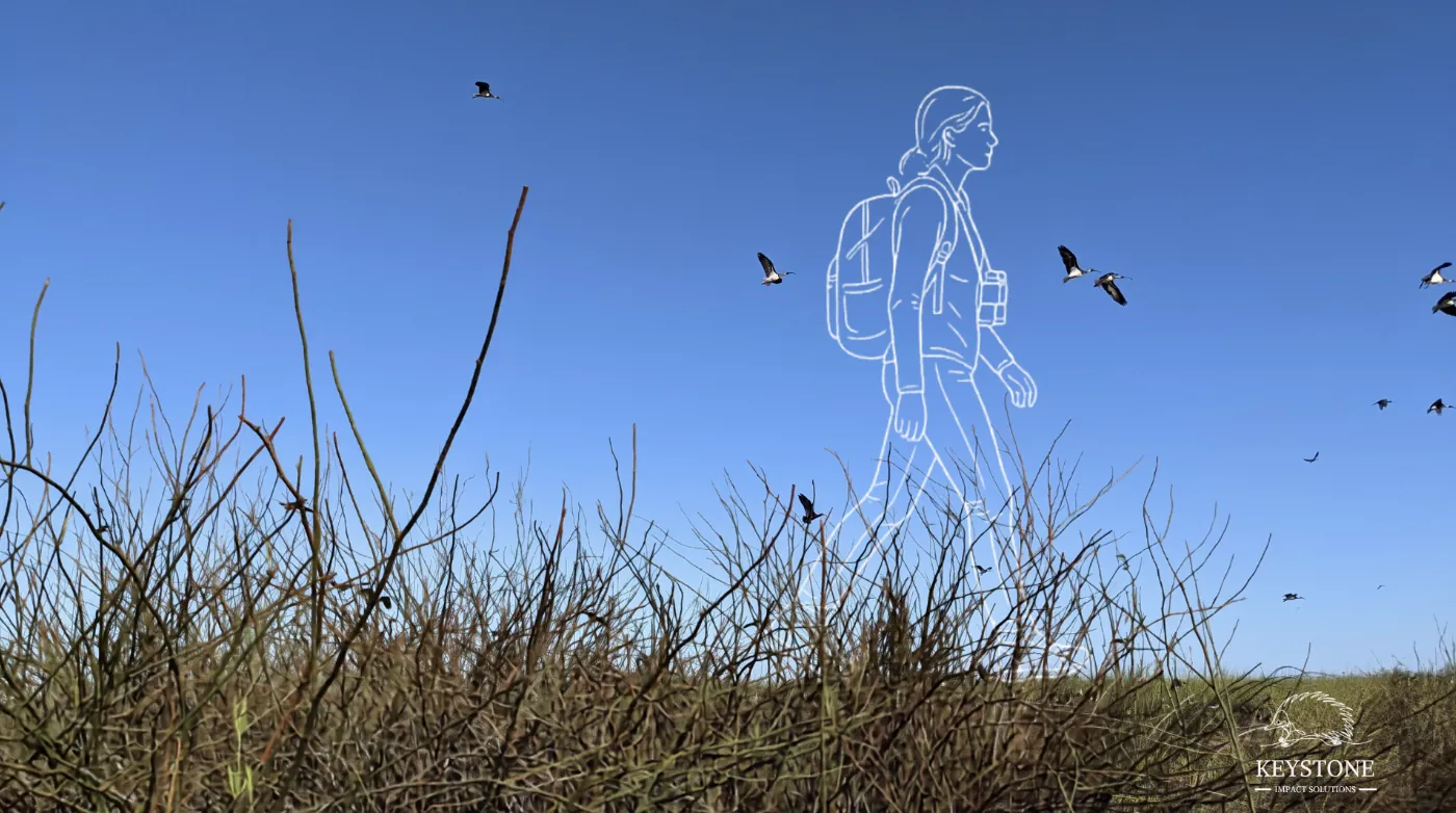 An illustrated figure of a woman with a backpack walking through open grassland under a wide blue sky, with birds in flight, Keystone Impact Solutions